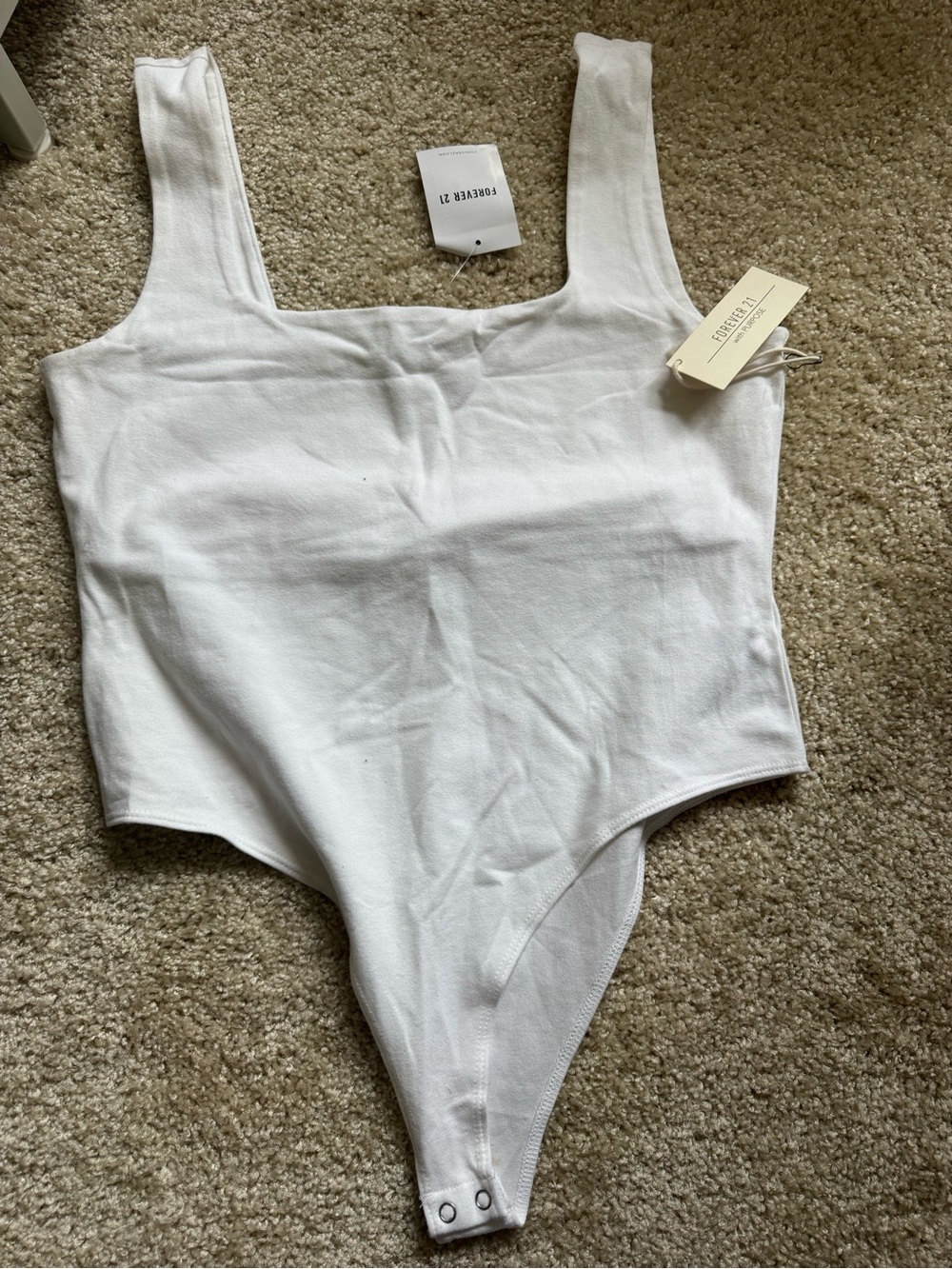 Forever 21 White Square Neck Ribbed Bodysuit